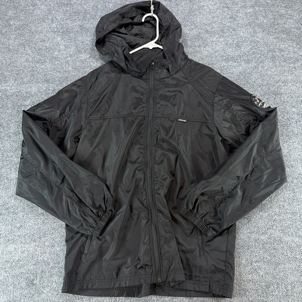Santa Cruz Mens Black Full Zip Hooded Windbreaker Jacket Skate Graphic Patch L